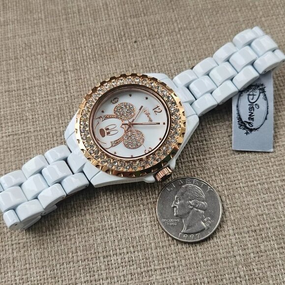 Minnie Mouse Disney Wristwatch White Band Crystals Accent Bezel Analog Watch - Picture 9 of 11